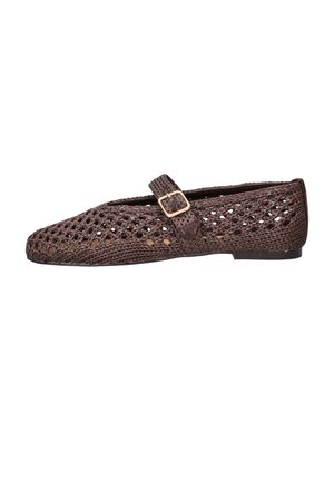 Brown woven flat shoe with a rounded toe and an adjustable strap featuring a gold buckle on a white background.
