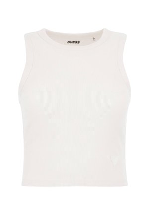 Top aderente bianco senza maniche in maglina con scollatura rotonda e un piccolo logo testurizzato sul lato sinistro. Design fitted con un colore solido.