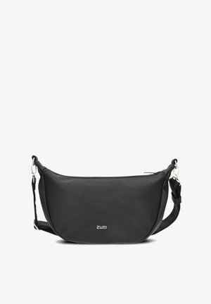 Schwarze Leder-Crossbody-Tasche mit silbernem "zwei"-Logo, verstellbarem Schulterriemen und Reißverschluss auf einem weißen Hintergrund.