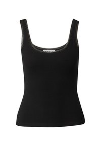 Zwart geribbeld tanktop met een slim fit, voorzien van een ronde halslijn en doorschijnende details langs de randen. Zorgt voor een soepele textuur, zonder patronen.