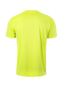 Kurzarm-Sportshirt in leuchtendem Neon-Gelb, aus leichtem, feuchtigkeitsableitendem Stoff mit einer glatten, glänzenden Oberfläche.