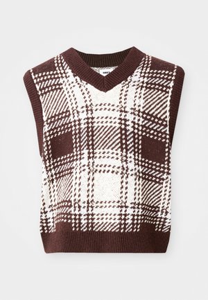 Brown and cream checkered knitted sleeveless sweater with a V-neck design and ribbed hem, featuring various plaid patterns and textures.