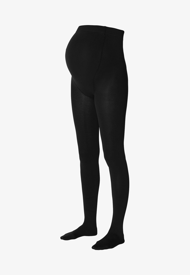 Schwarze Schwangerschaftsstrumpfhosen mit glatter Textur, dehnbarem Material und hohem Bund, die für Komfort und Unterstützung rund um den Bauch entworfen wurden.