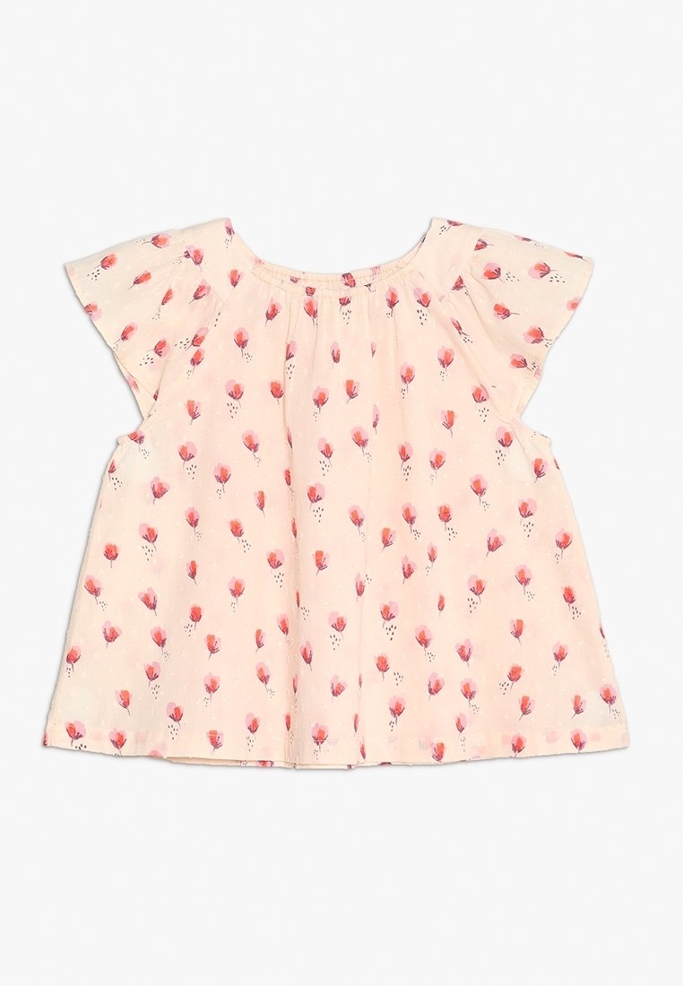 Roze blouse met korte mouwen en een bloemenpatroon met rode en roze bloemen. Gemaakt van lichtgewicht stof met een ontspannen pasvorm.