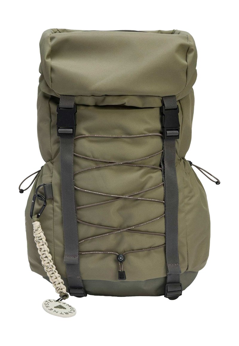 Olive green nylon backpack with a roll-top design, adjustable straps, front bungee cord, and a decorative keychain. Smooth texture.