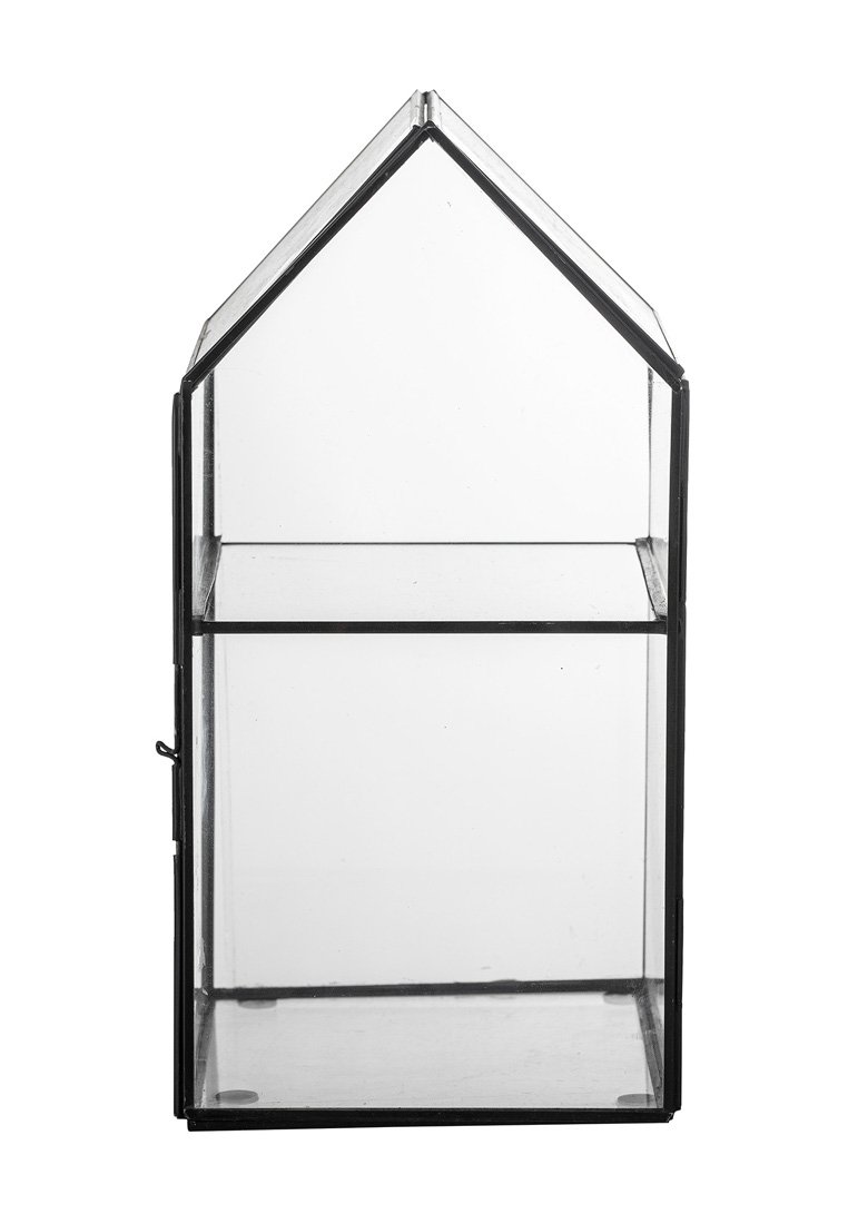 Glas-Terrarium mit einem schwarzen Metallrahmen, dachförmigem Schild, klaren Seiten und einem einzelnen Regal im Inneren zur Pflanzenpräsentation oder -lagerung.