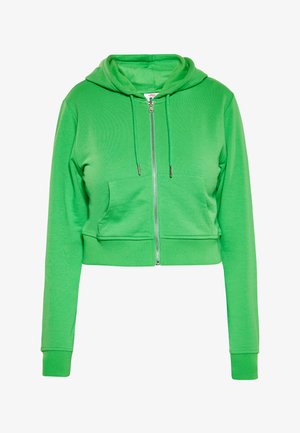 Jasnozielona krótka bluza z kapturem, długimi rękawami, suwakiem z przodu, kieszenią kangurka i sznurkiem w kapturze.