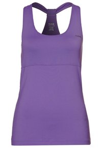 Lila träningslinne med racerback-design, slät textur och Reebok-logotyp tryckt på framsidan. Har en ventilerande meshpanel på baksidan.