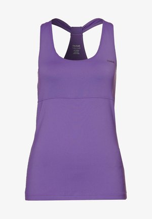 Top sportivo viola con design racerback, texture liscia e logo Reebok stampato sul frontale. Presenta un pannello in rete traspirante sul retro.
