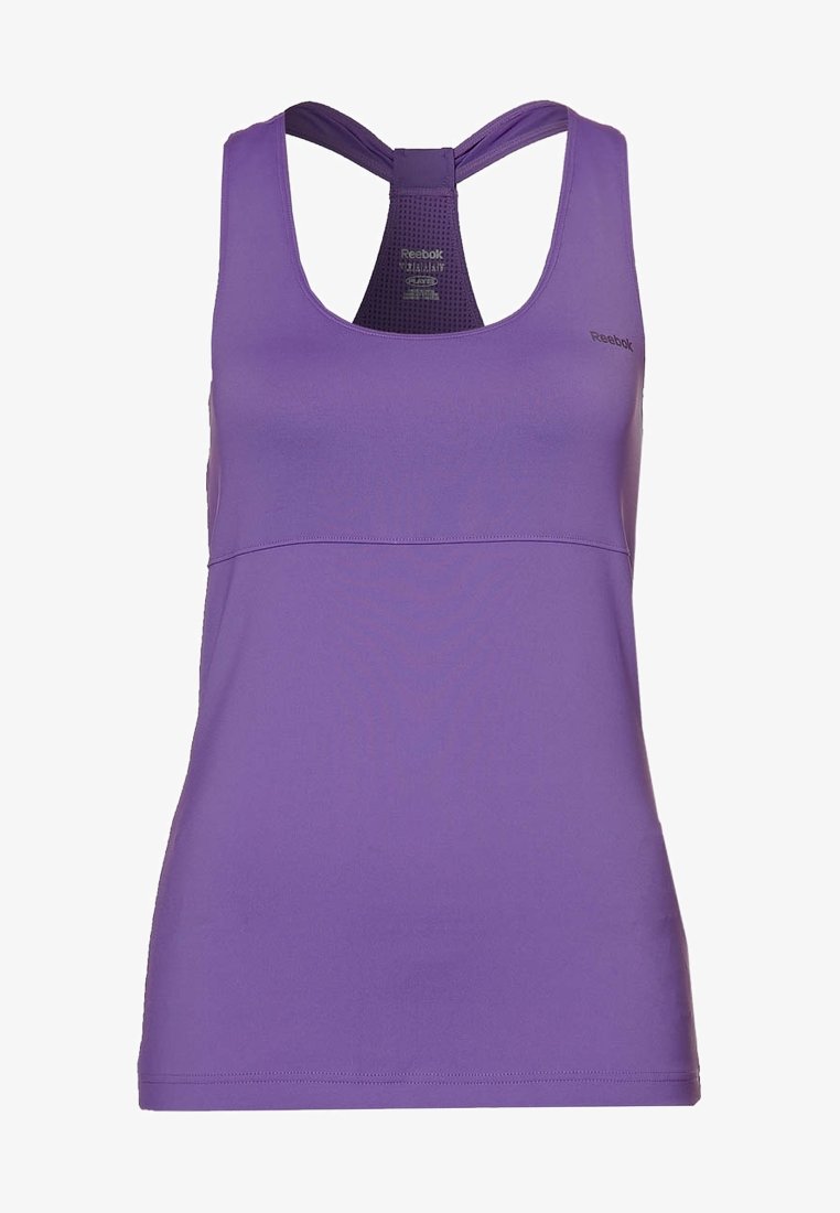 Lila träningslinne med racerback-design, slät textur och Reebok-logotyp tryckt på framsidan. Har en ventilerande meshpanel på baksidan.