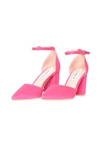 Scarpe con tacco alto rosa, con punta quadrata e cinturino alla caviglia. Realizzate in materiale liscio, con tacco grosso e suola beige.