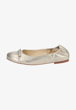 Ballet flat argento metallizzato con punta rotonda, colletto elasticizzato e dettaglio a fiocco sulla parte anteriore. Texture liscia e design minimalista.