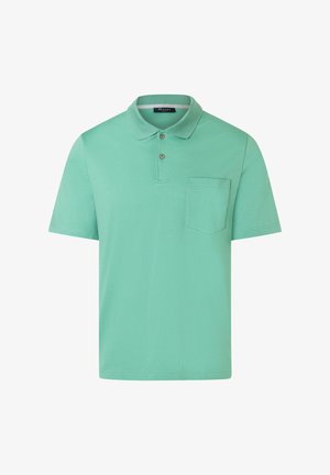 Polo verde menta a maniche corte con due bottoni e taschino sul petto, caratterizzata da un colletto classico e un design semplice e tinta unita.