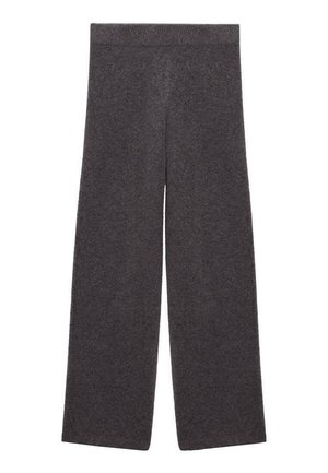 Pantalons larges en tissu gris foncé. Dotés d'une taille élastique confortable et d'une finition lisse et texturée. Sans motifs visibles.