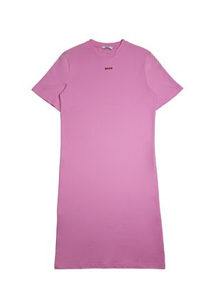Abito con maniche corte rosa, scollo rotondo e piccolo logo "MSGM" rosso al centro sotto il colletto.