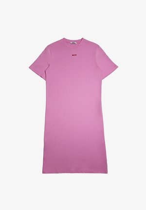Abito con maniche corte rosa, scollo rotondo e piccolo logo "MSGM" rosso al centro sotto il colletto.