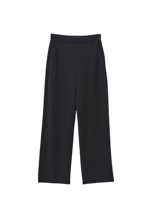Pantalon noir à jambes larges avec poches latérales et ceinture, présenté à plat sur un fond blanc.