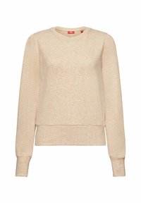Sudadera beige claro con un tejido suave y texturizado. Cuenta con mangas largas, un escote redondo y un dobladillo acanalado para un ajuste ceñido.