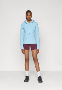 Casaco com fecho éclair azul-claro em tecido texturizado, combinado com calções bordeaux. Apresenta capuz e um design desportivo, complementado por ténis pretos.