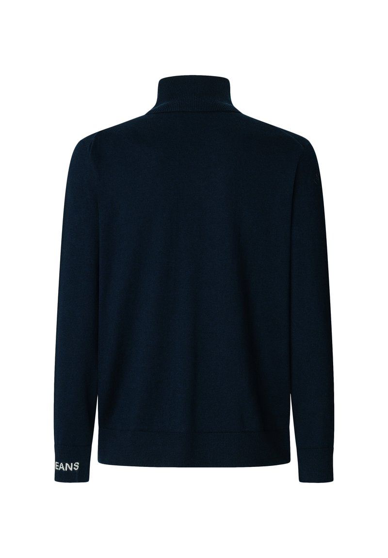 Granatowy sweter z dzianiny z wysokim kołnierzem, długimi rękawami i prążkowanymi mankietami. Posiada biały napis "JEANS" na lewym rękawie.