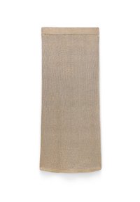 Beige knitted fabric tube, seamless design with a slightly rolled top edge, positioned flat on a white background.