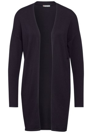 Cardigan nero aperto davanti, in tessuto lavorato a maglia, maniche lunghe, vestibilità rilassata, lunghezza intermedia, senza chiusure, texture liscia, minimalismo nei dettagli.