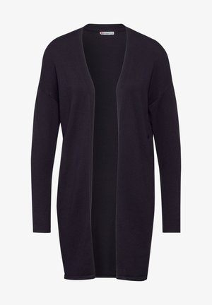 Cardigan nero aperto davanti, in tessuto lavorato a maglia, maniche lunghe, vestibilità rilassata, lunghezza intermedia, senza chiusure, texture liscia, minimalismo nei dettagli.