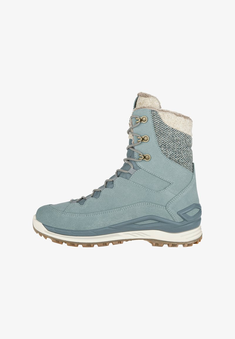 Helles blauer Winterstiefel mit Obermaterial aus Wildleder und Stoff, mit einem mit Fell gefütterten Kragen und metallenen Ösen. Verfügt über eine strukturierte Sohle für besseren Halt.