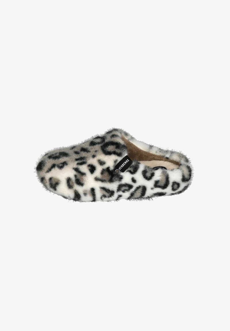 Leopard-print fluffy slipper with a white and black pattern, soft texture, and suede interior. Slip-on design with a branded tag.