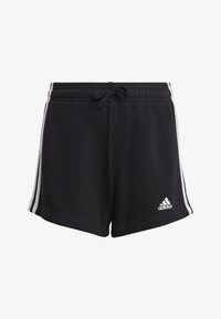 Zwarte sportshorts met een trekkoordtails, witte zijstrepen en een klein wit Adidas-logo aan de onderkant van de voorkant links.