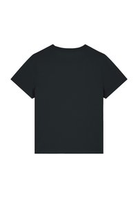 Schwarzes Baumwoll-T-Shirt mit kurzen Ärmeln, rundem Halsausschnitt und glatter Textur. Keine sichtbaren Logos oder Muster auf dem Rücken.