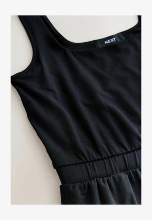 Schwarzes ärmelloses Kleid mit geraffter Taille und quadratischem Ausschnitt, mit dem Label "NEXT" im Innenetikett.