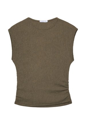 Olivgrön ärmlös topp, tillverkad av texturerat tyg, med rund urringning och lätt samling på sidan för att forma silhuetten.