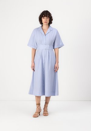 Abito azzurro chiaro a righe bianche con maniche corte e ampie, chiusura con bottoni e vita con cintura. Lungo fino al ginocchio con una leggera forma a campana.