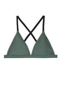 Zielony trójkątny stanik bikini z czarnymi krzyżującymi się ramiączkami, wykonany z gładkiego materiału; ma przeszyte krawędzie i nadrukowane logo.