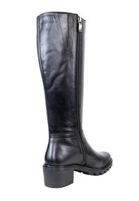 Black leather knee-high boot with a smooth texture, side zipper, and a sturdy rubber sole featuring a slight heel.