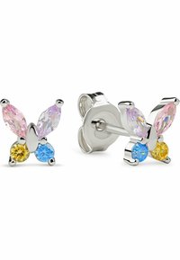 Silberne Schmetterlingsohrringe mit funkelnden, facettierten Steinen in Pink, Blau und Gelb; verfügen über einen sicheren Steckerverschluss. Die Form ähnelt einem Schmetterling.