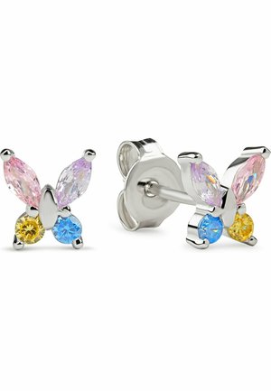 Silberne Schmetterlingsohrringe mit funkelnden, facettierten Steinen in Pink, Blau und Gelb; verfügen über einen sicheren Steckerverschluss. Die Form ähnelt einem Schmetterling.