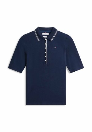 Polo a maniche corte blu navy con bottoni bianchi, colletto a righe bianche e piccolo logo Tommy Hilfiger sul petto.