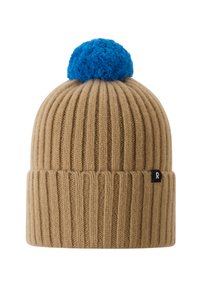 Tan knit beanie with vertical ribbed texture, featuring a blue pom-pom on top and a small black logo patch on the side.