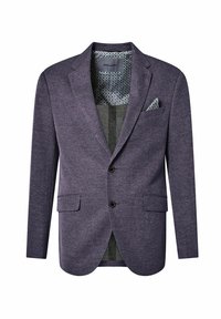 Fioletowy blazer o teksturowanej powierzchni, z klapami w kształcie litery V, dwoma przednimi kieszeniami, czarnymi guzikami oraz wzorzystą podszewką. W zestawie znajduje się chusteczka do kieszeni.