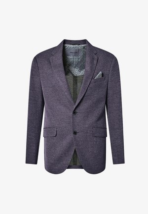 Paarse geblokte blazer met een notch lapel, twee voorzakken, zwarte knopen en een patroon in de binnenvoering. Inclusief een pochet.