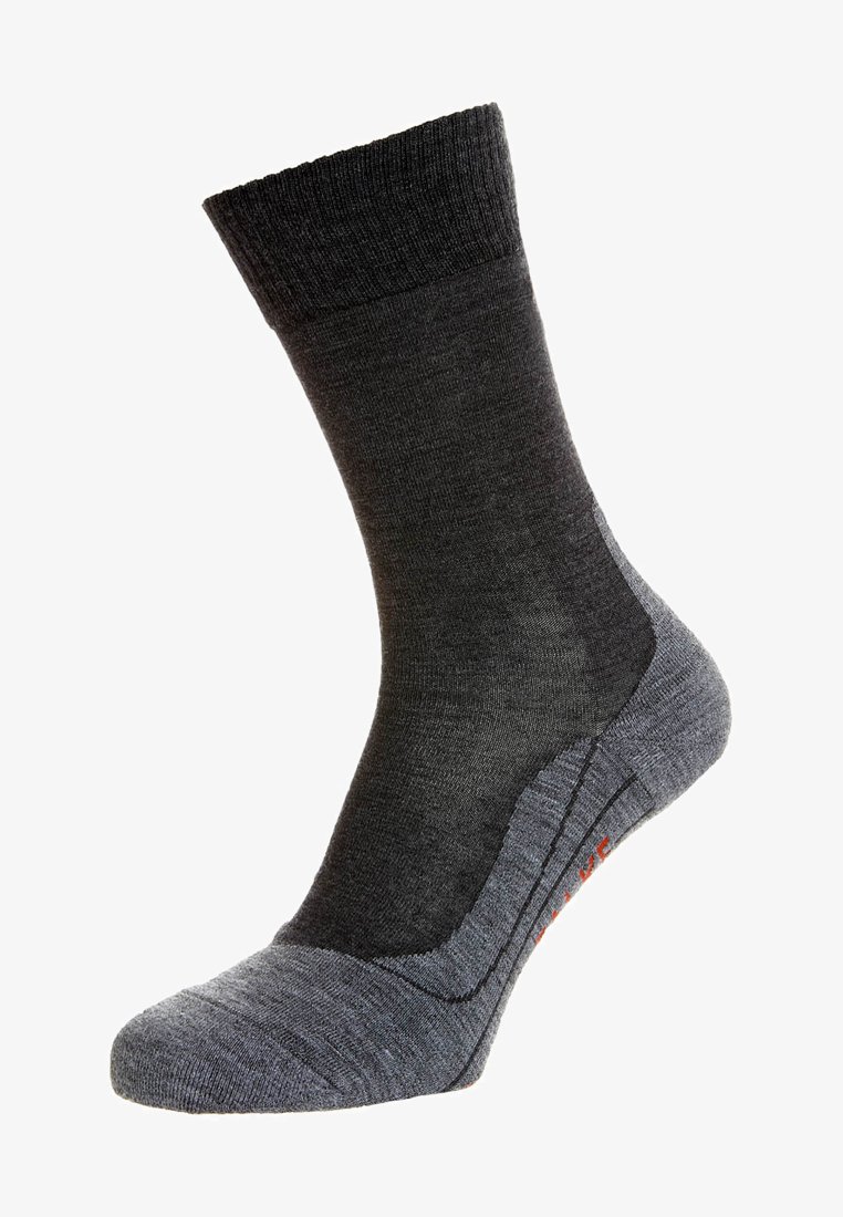 Grau Socke mit gerippter Oberseite, verstärktem Fersen- und Zehenbereich sowie einem glatten Fußbett. Verfügt über ein kontrastierendes rotes Logo an der Seite.