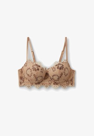 Spitzen-BH in Nude mit floralem Muster, gewellten Kanten und dünnen verstellbaren Trägern. Weicher Stoff und Unterstützung durch Bügel für die Form.