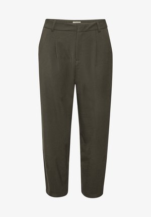 Dunkelgrüne, maßgeschneiderte Hose mit Falten, einem taillierten Bund und einer verkürzten Länge. Hergestellt aus einem glatten Stoff mit einem dezenten Glanz.