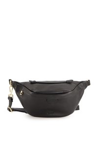 Schwarze Leder-Gürteltasche mit strukturiertem Oberflächen, Reißverschluss oben und verstellbarem Trageriemen. Verfügt über goldfarbene Beschläge und ein dezentes Logo.