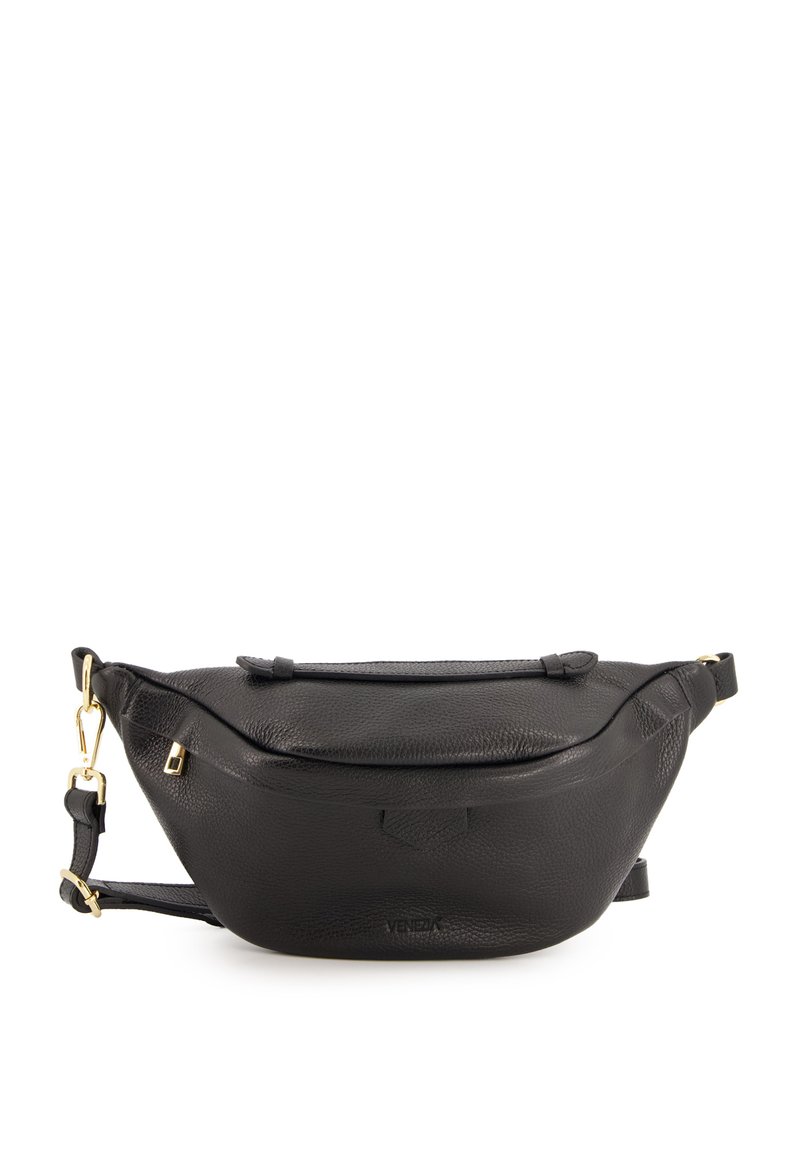 Schwarze Leder-Gürteltasche mit strukturiertem Oberflächen, Reißverschluss oben und verstellbarem Trageriemen. Verfügt über goldfarbene Beschläge und ein dezentes Logo.