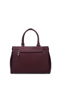 Dark burgundy leather handbag with dual handles and a horizontal zippered pocket on the front, set against a plain white background.
