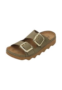 Olive green slide sandal with two adjustable straps and gold buckles, cork midsole, wavy rubber outsole, and suede insole texture.