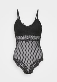 Zwart kanten bodysuit met een V-hals en verstelbare bandjes. Bevat ingewikkelde bloemendessins en een gestructureerd, opengehaakt onderste gedeelte.